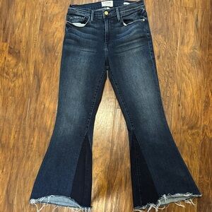 Frame Denim Dark Blue Flare Jeans with Frayed Hem